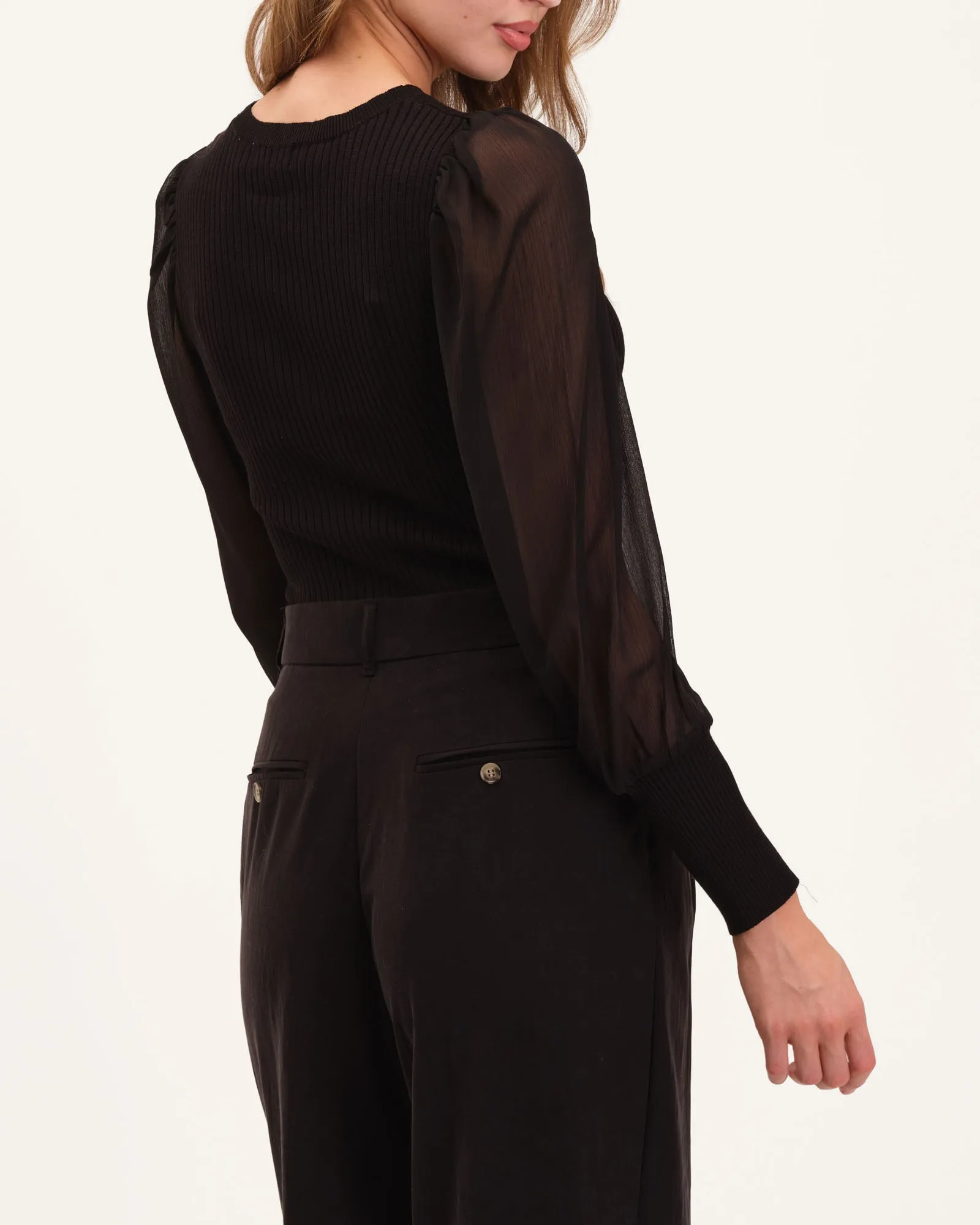 Sheer Sleeve Ribbed Crew Neck Sweater