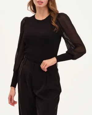 Sheer Sleeve Ribbed Crew Neck Sweater