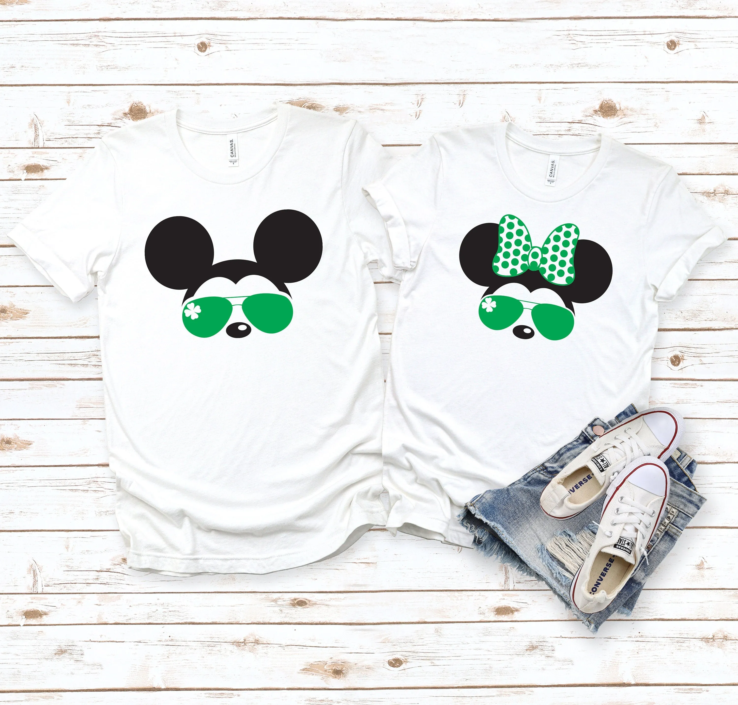 St. Patrick's Day Minnie and Mickey  Matching Disney Couples Shirts -Shamrock - Clover - Green Bow and Sunglasses