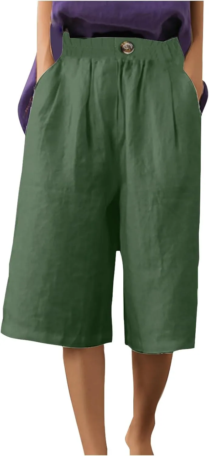 Summer Cotton Linen Capri Pant for Women, Elastic Waist Baggy Palazzo Pants Fashion Going Out Casual Home Trousers
