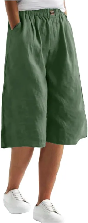 Summer Cotton Linen Capri Pant for Women, Elastic Waist Baggy Palazzo Pants Fashion Going Out Casual Home Trousers