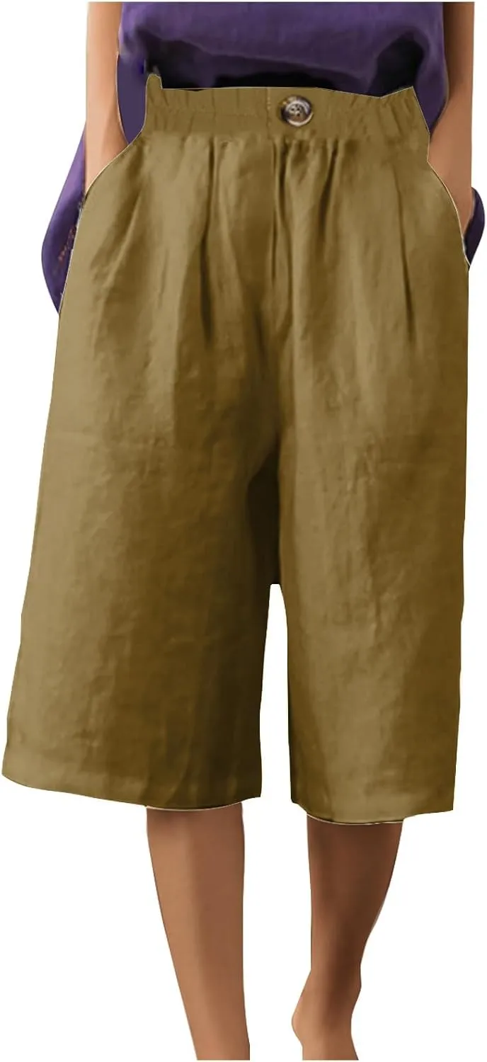 Summer Cotton Linen Capri Pant for Women, Elastic Waist Baggy Palazzo Pants Fashion Going Out Casual Home Trousers