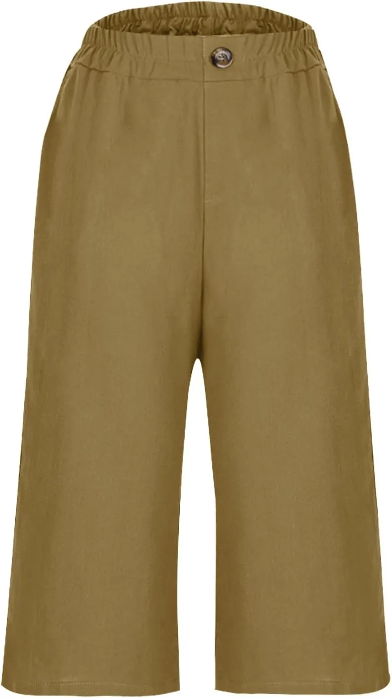 Summer Cotton Linen Capri Pant for Women, Elastic Waist Baggy Palazzo Pants Fashion Going Out Casual Home Trousers
