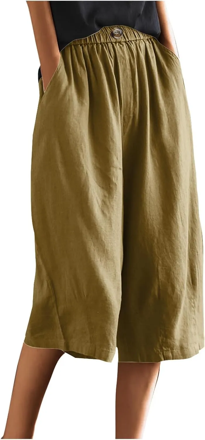 Summer Cotton Linen Capri Pant for Women, Elastic Waist Baggy Palazzo Pants Fashion Going Out Casual Home Trousers