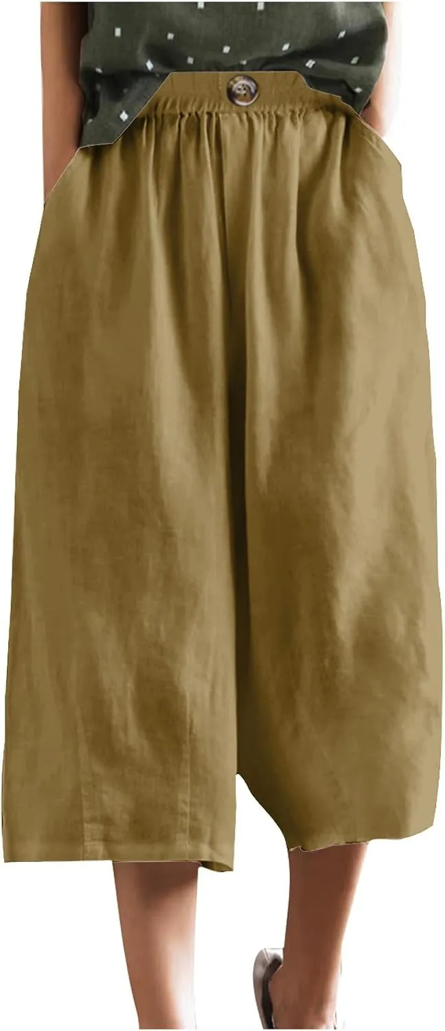 Summer Cotton Linen Capri Pant for Women, Elastic Waist Baggy Palazzo Pants Fashion Going Out Casual Home Trousers