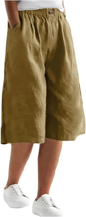 Summer Cotton Linen Capri Pant for Women, Elastic Waist Baggy Palazzo Pants Fashion Going Out Casual Home Trousers