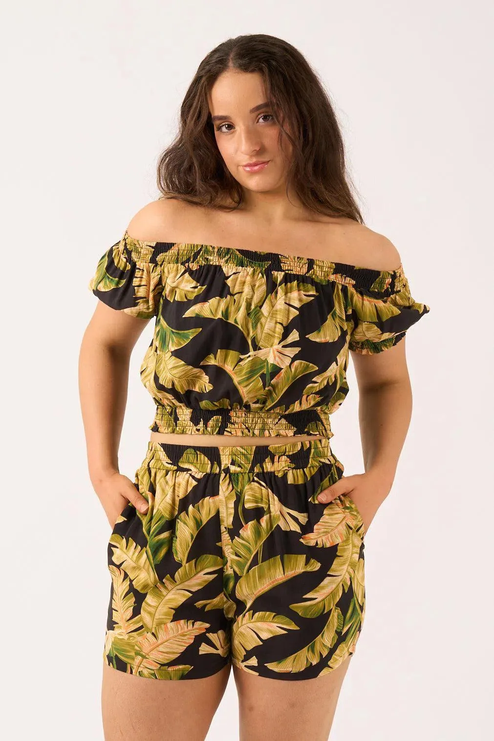 Sustainable Viscose Pull On Short - Black Tropical Leaf