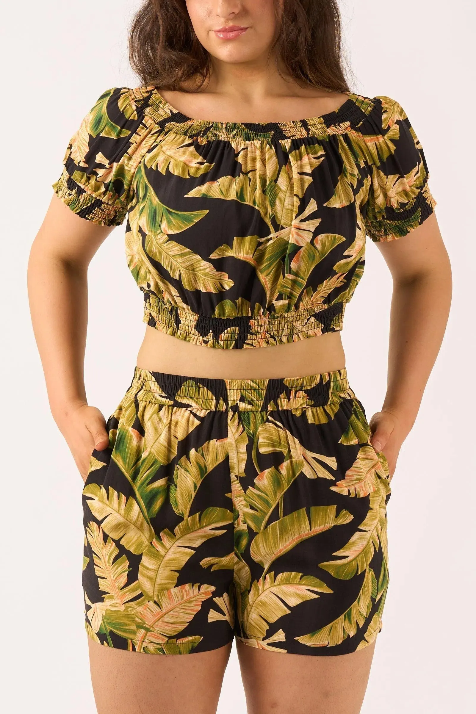 Sustainable Viscose Pull On Short - Black Tropical Leaf
