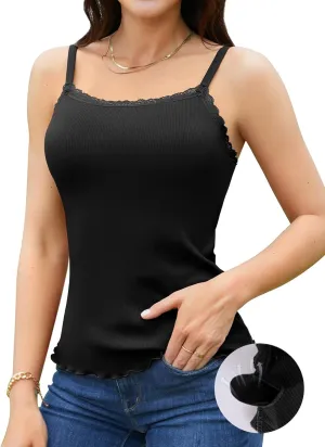 V FOR CITY Camisoles for Women with Built-in Bra Lace Trim Cami Adjustable Spaghetti Strap Lettuce Hem Ribbed Tank Top