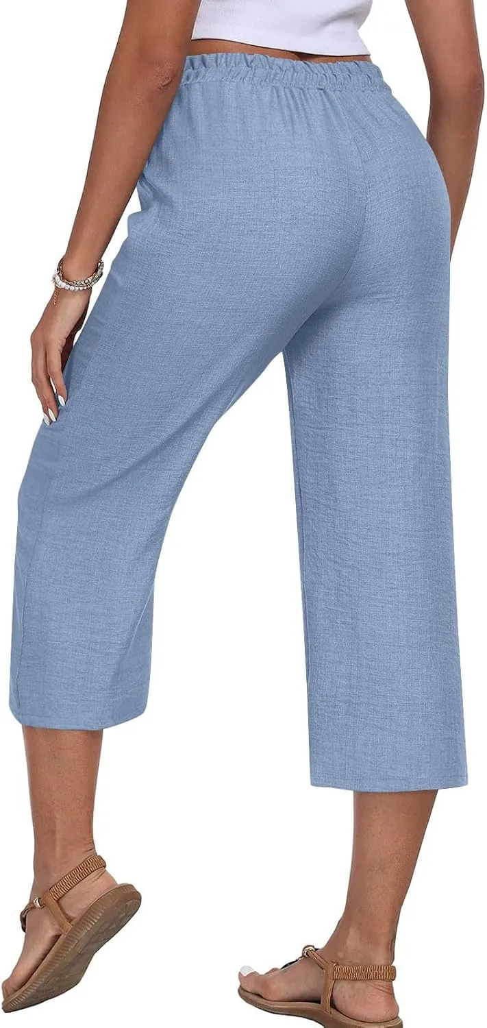 Wide Leg Cotton Linen Trousers for Women Casual Capri Pants Summer 3/4 Trouser Solid Color Elasticated Waist Yoga Pant