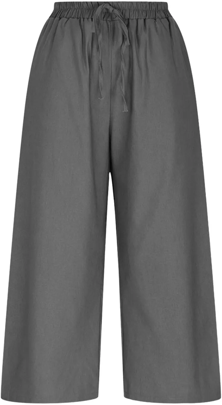 Wide Leg Cotton Linen Trousers for Women Casual Capri Pants Summer 3/4 Trouser Solid Color Elasticated Waist Yoga Pant