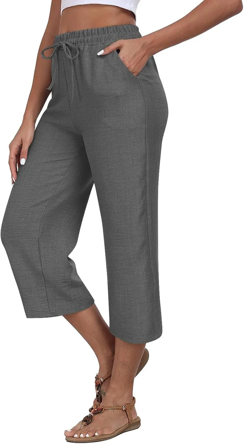Wide Leg Cotton Linen Trousers for Women Casual Capri Pants Summer 3/4 Trouser Solid Color Elasticated Waist Yoga Pant