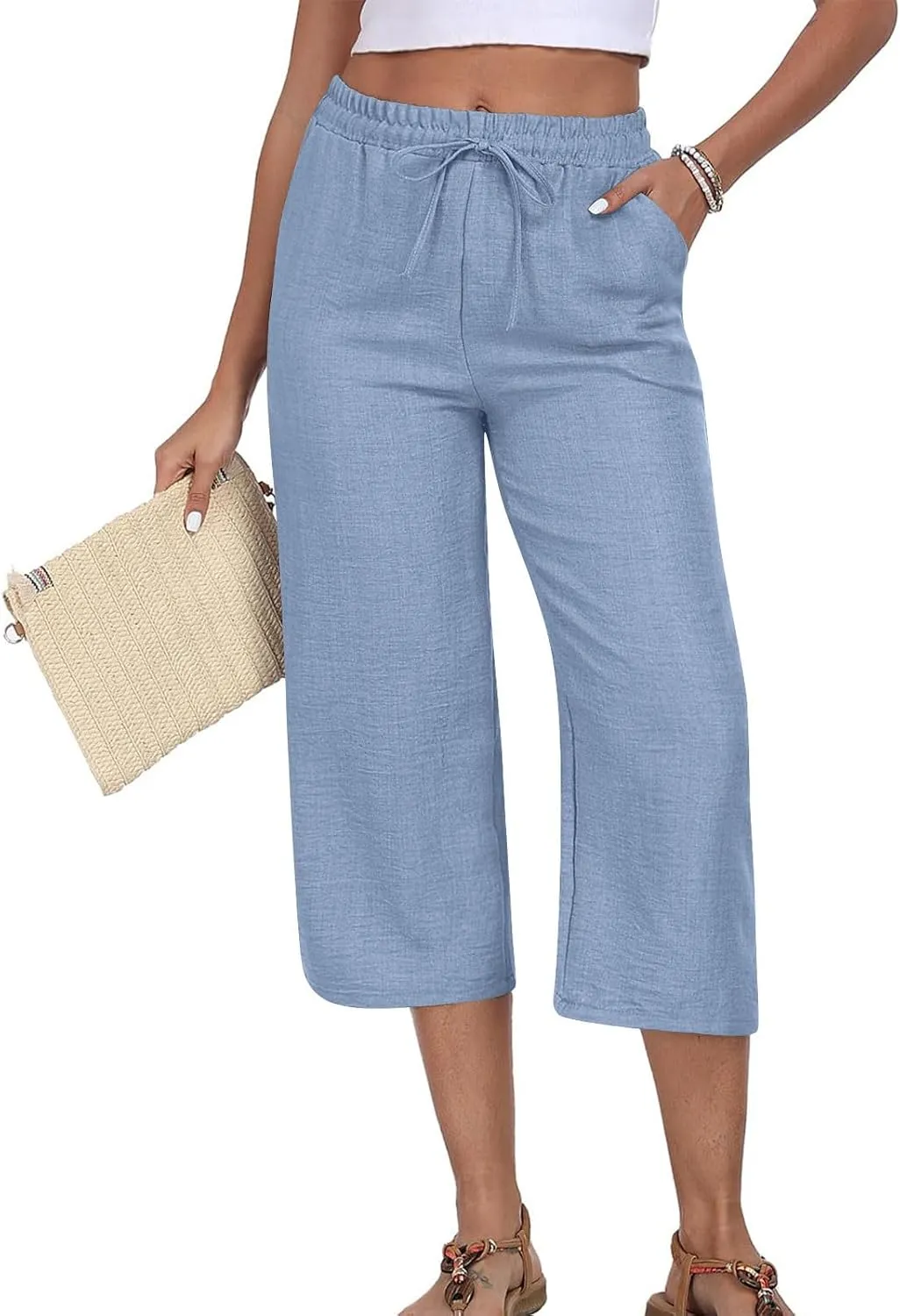 Wide Leg Cotton Linen Trousers for Women Casual Capri Pants Summer 3/4 Trouser Solid Color Elasticated Waist Yoga Pant