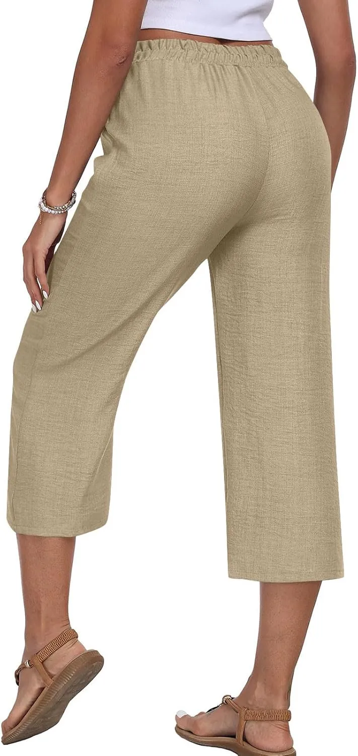 Wide Leg Cotton Linen Trousers for Women Casual Capri Pants Summer 3/4 Trouser Solid Color Elasticated Waist Yoga Pant