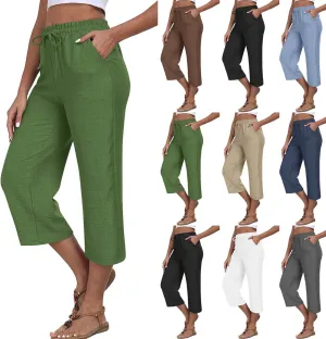 Wide Leg Cotton Linen Trousers for Women Casual Capri Pants Summer 3/4 Trouser Solid Color Elasticated Waist Yoga Pant