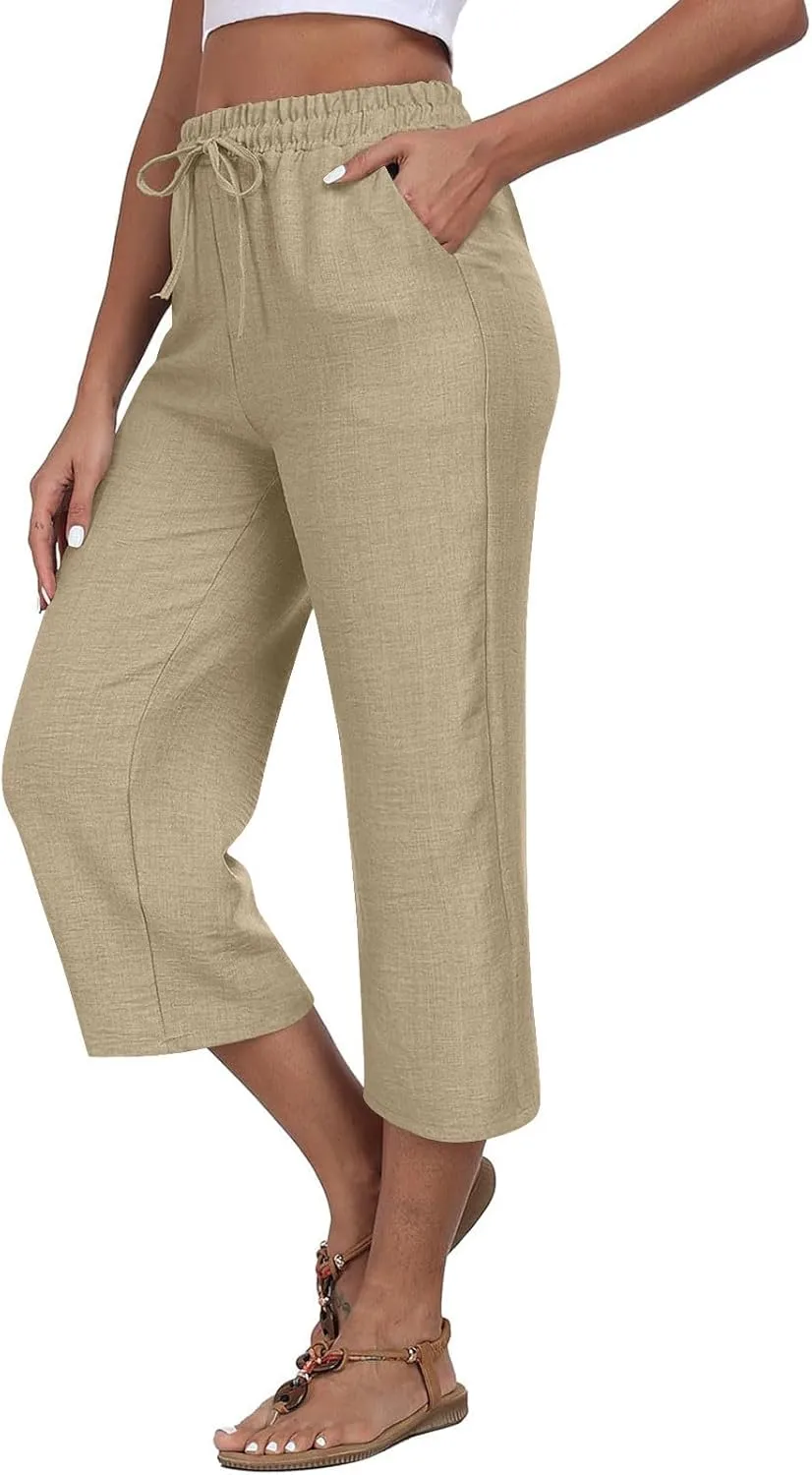Wide Leg Cotton Linen Trousers for Women Casual Capri Pants Summer 3/4 Trouser Solid Color Elasticated Waist Yoga Pant