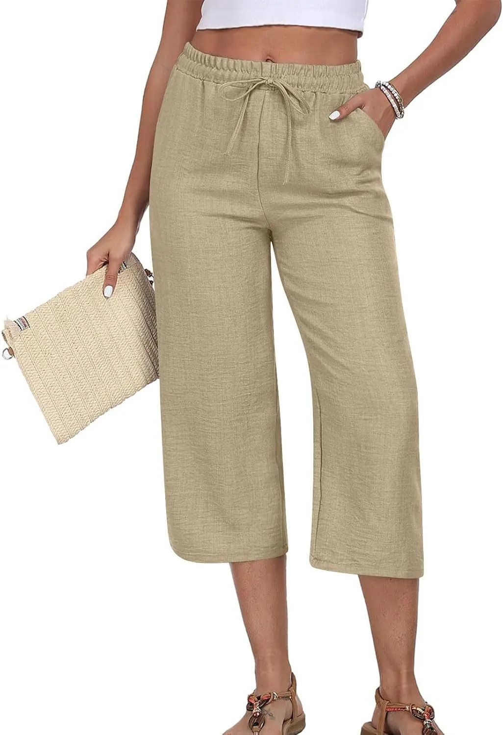 Wide Leg Cotton Linen Trousers for Women Casual Capri Pants Summer 3/4 Trouser Solid Color Elasticated Waist Yoga Pant