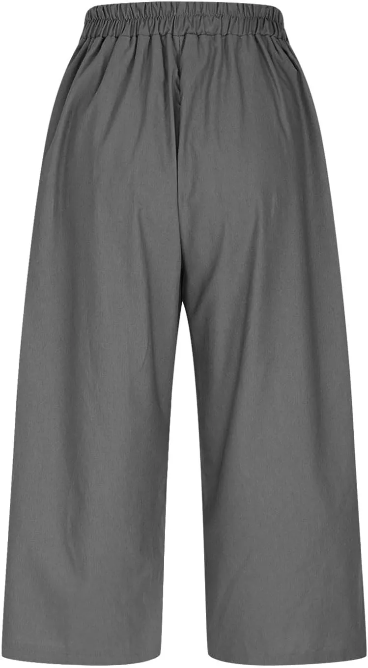Wide Leg Cotton Linen Trousers for Women Casual Capri Pants Summer 3/4 Trouser Solid Color Elasticated Waist Yoga Pant