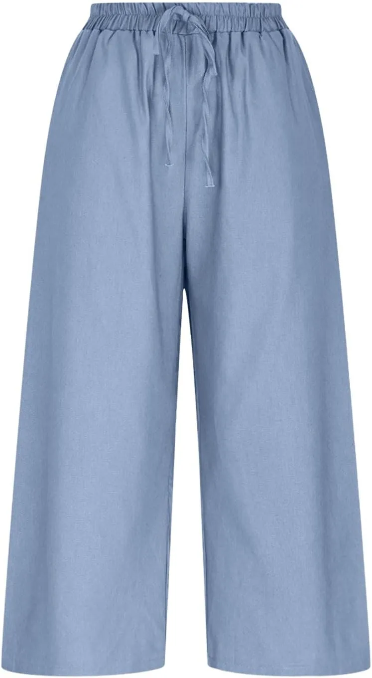 Wide Leg Cotton Linen Trousers for Women Casual Capri Pants Summer 3/4 Trouser Solid Color Elasticated Waist Yoga Pant