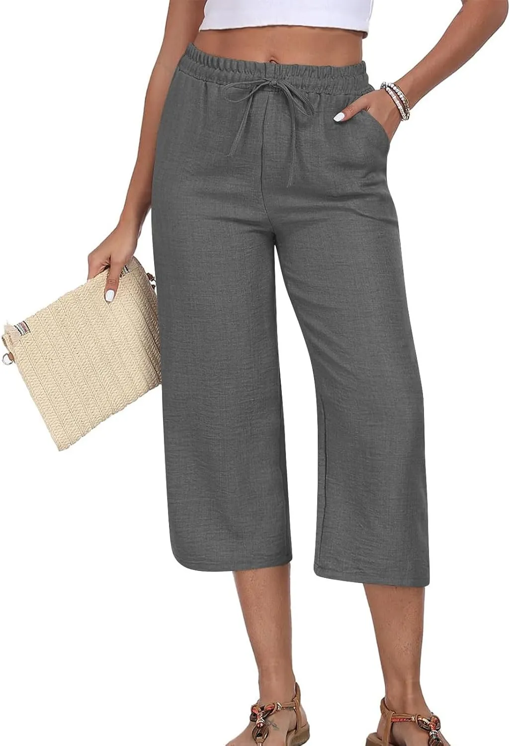 Wide Leg Cotton Linen Trousers for Women Casual Capri Pants Summer 3/4 Trouser Solid Color Elasticated Waist Yoga Pant