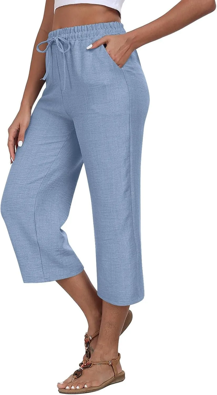 Wide Leg Cotton Linen Trousers for Women Casual Capri Pants Summer 3/4 Trouser Solid Color Elasticated Waist Yoga Pant