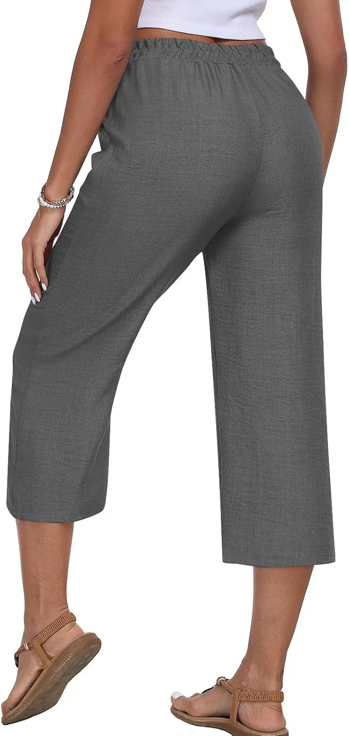 Wide Leg Cotton Linen Trousers for Women Casual Capri Pants Summer 3/4 Trouser Solid Color Elasticated Waist Yoga Pant