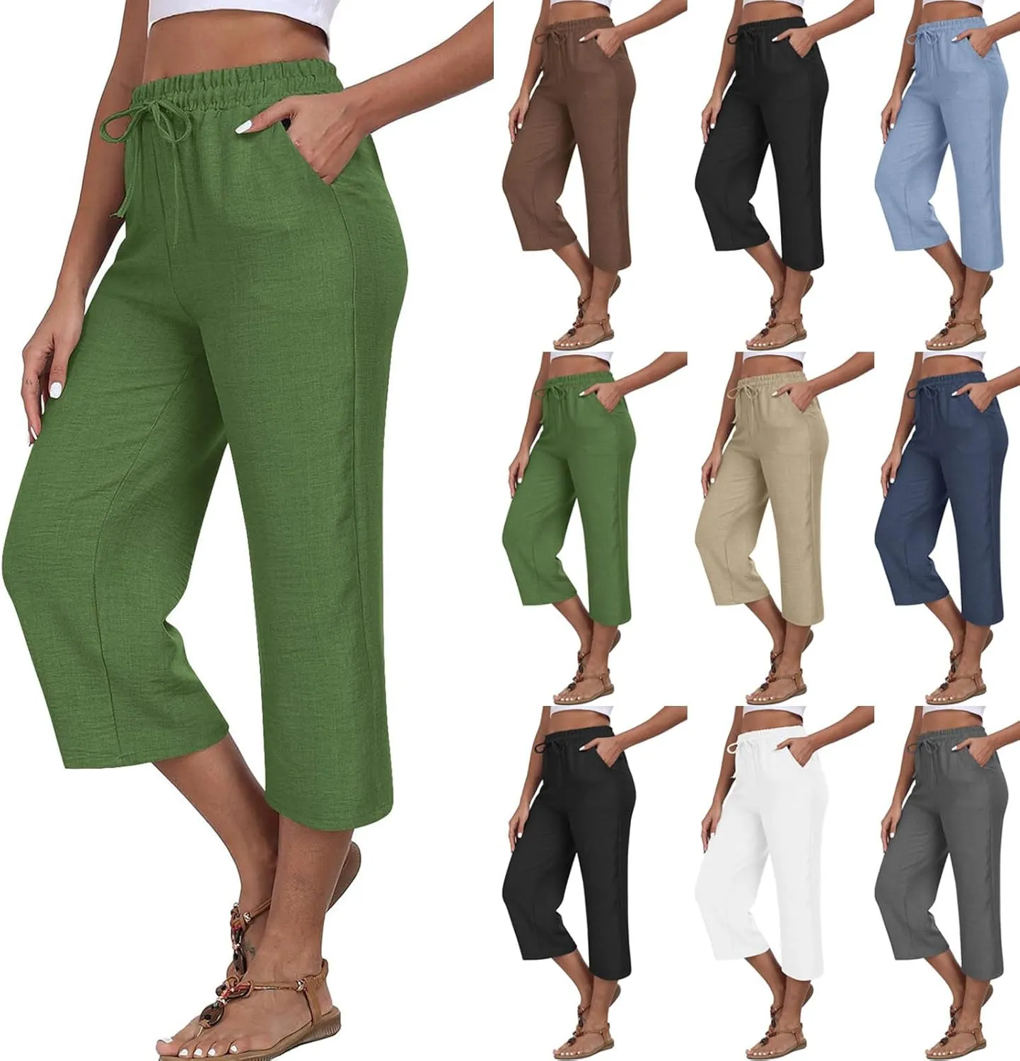 Wide Leg Cotton Linen Trousers for Women Casual Capri Pants Summer 3/4 Trouser Solid Color Elasticated Waist Yoga Pant
