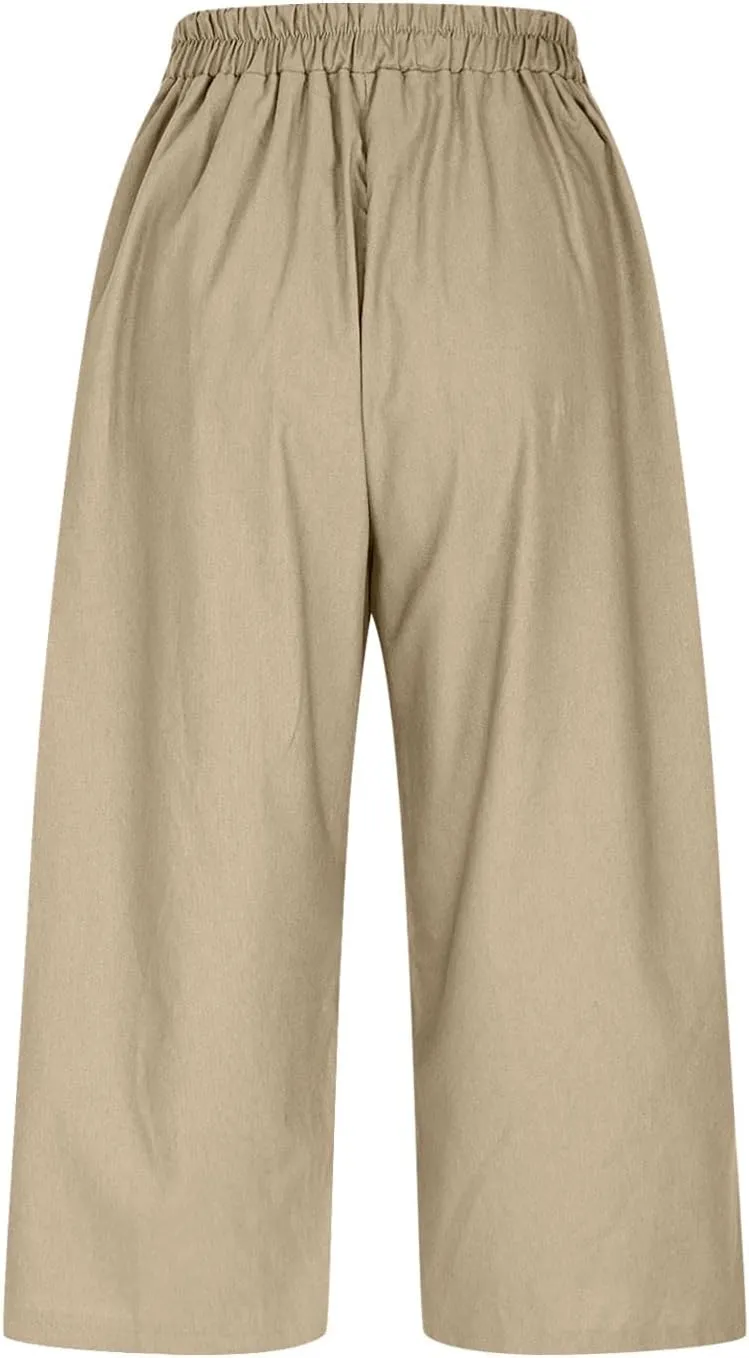 Wide Leg Cotton Linen Trousers for Women Casual Capri Pants Summer 3/4 Trouser Solid Color Elasticated Waist Yoga Pant