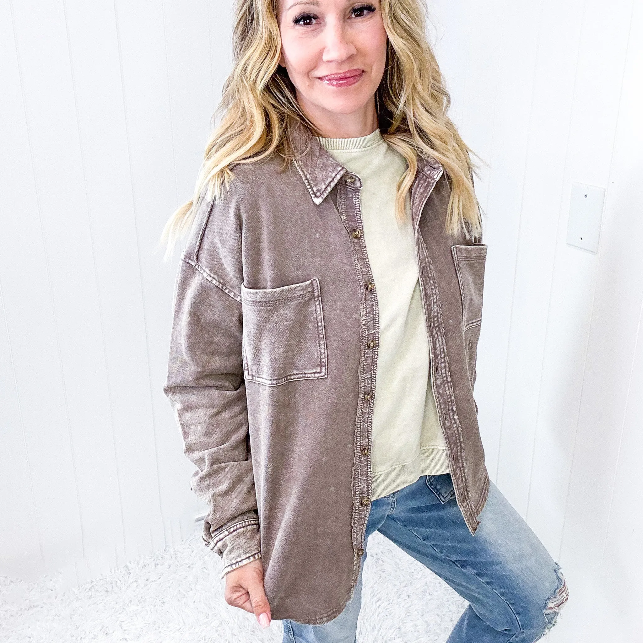Wild and Free Long Sleeve Button Up Lightweight Terry Knit Jacket in 2 Colors