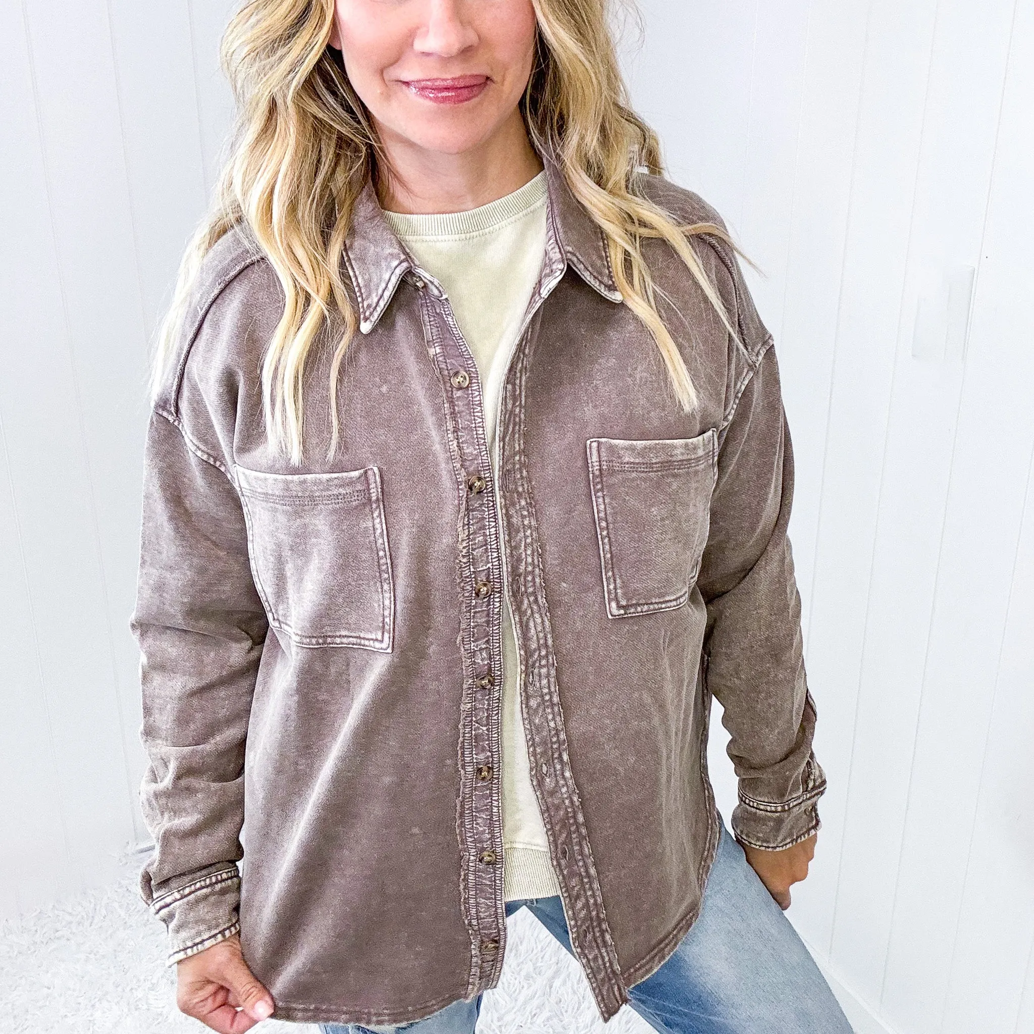 Wild and Free Long Sleeve Button Up Lightweight Terry Knit Jacket in 2 Colors
