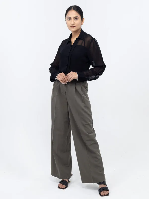 Women Black Spread Collar Long Sleeves Shirts