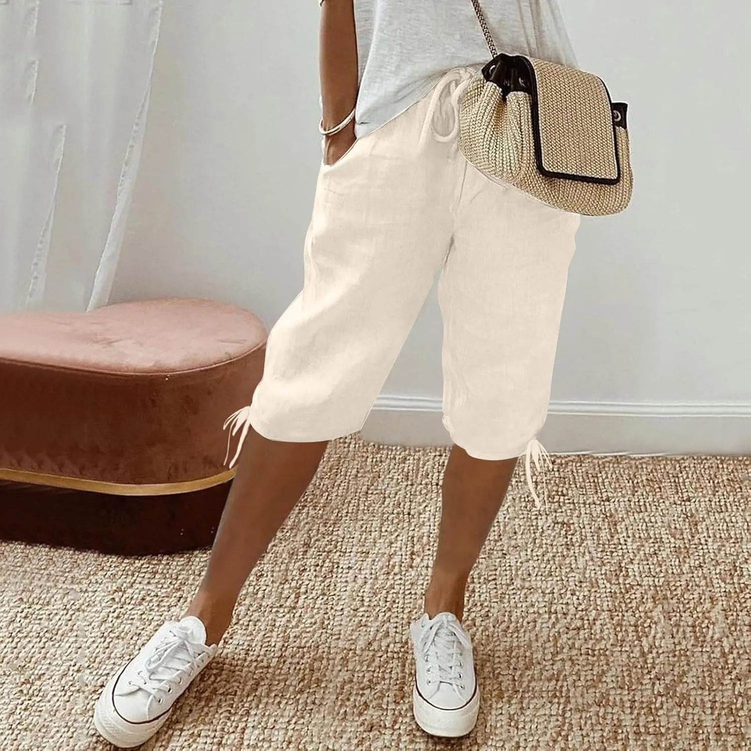 Women Capri Pants Dressy Cotton Linen Petite Short Cropped Plus Size Trousers for Summer Work Vacation Beach