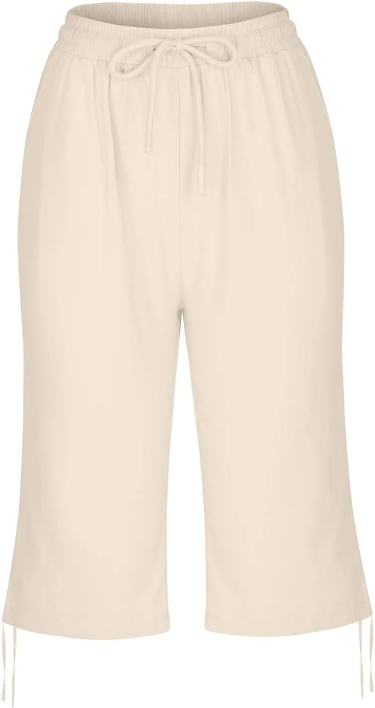 Women Capri Pants Dressy Cotton Linen Petite Short Cropped Plus Size Trousers for Summer Work Vacation Beach