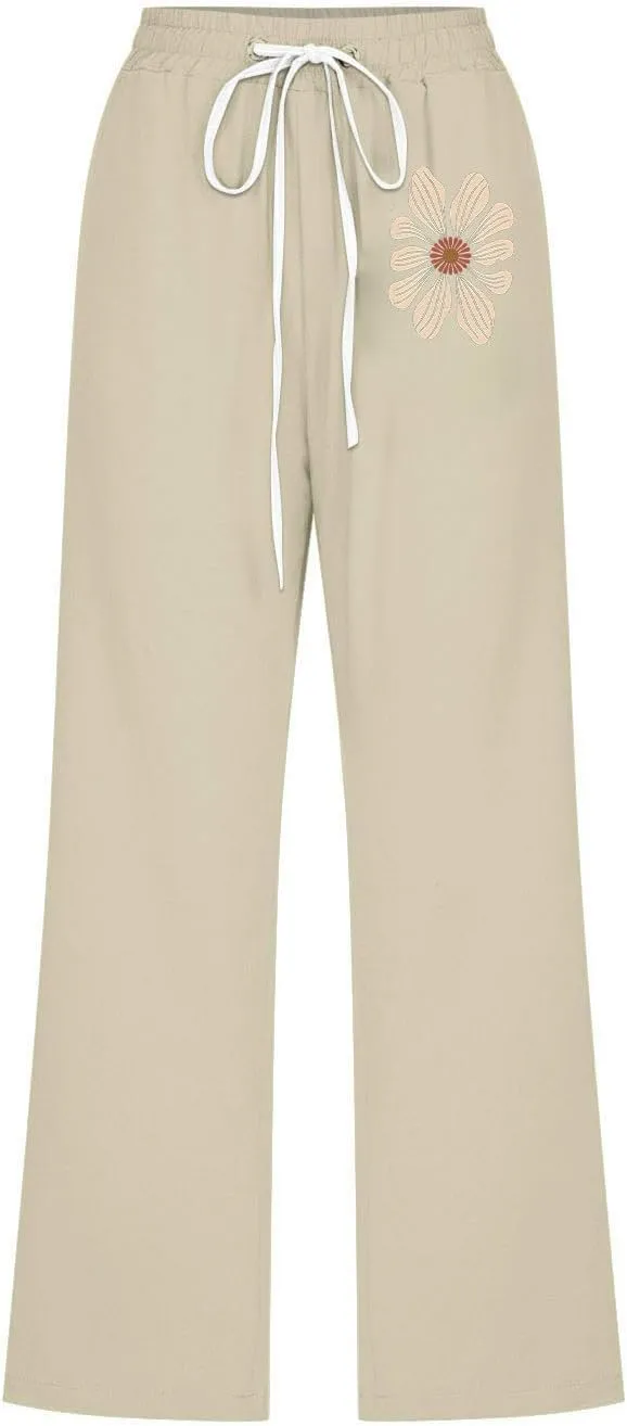 Women Cotton Linen Cropped Sweatpants, Fashion Floral Print Loose Straight Leg Pants Summer Drawstring Pockets Trousers