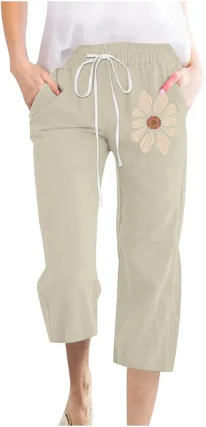 Women Cotton Linen Cropped Sweatpants, Fashion Floral Print Loose Straight Leg Pants Summer Drawstring Pockets Trousers