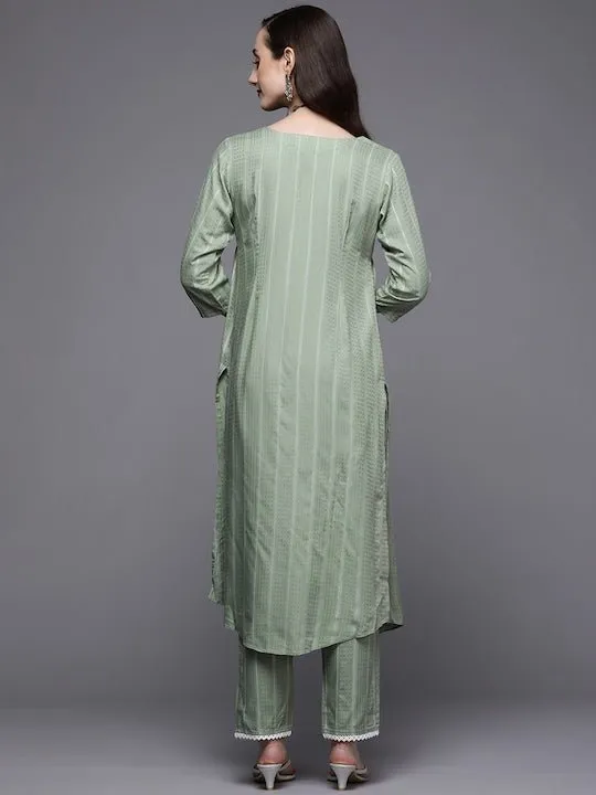 Women Green Striped Pleated Kurta with Trousers