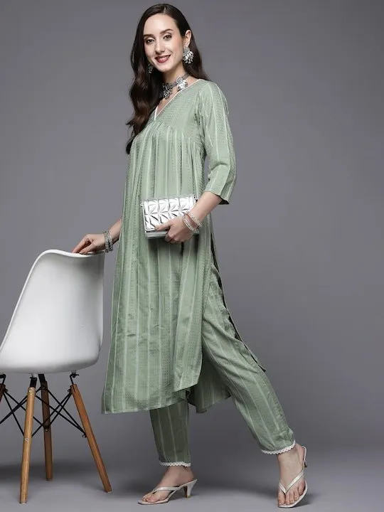 Women Green Striped Pleated Kurta with Trousers