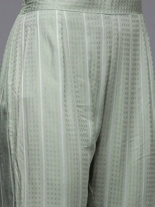 Women Green Striped Pleated Kurta with Trousers
