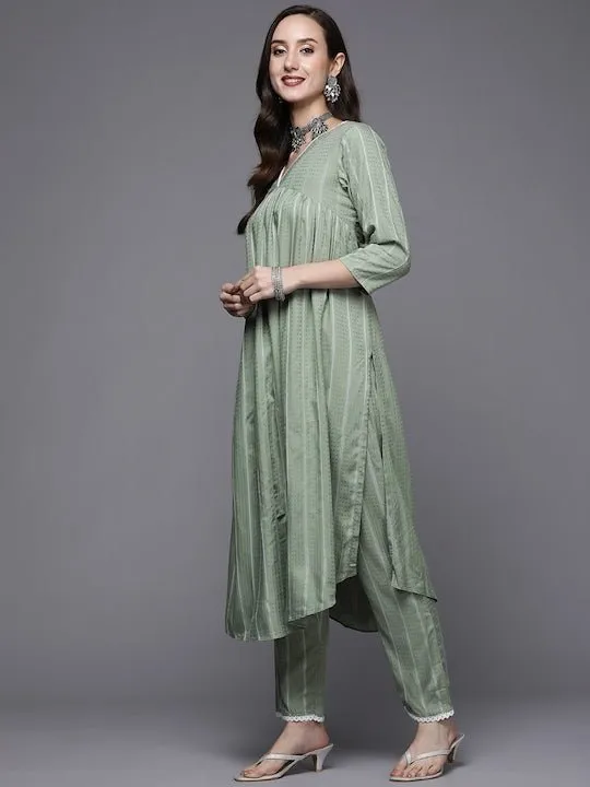Women Green Striped Pleated Kurta with Trousers