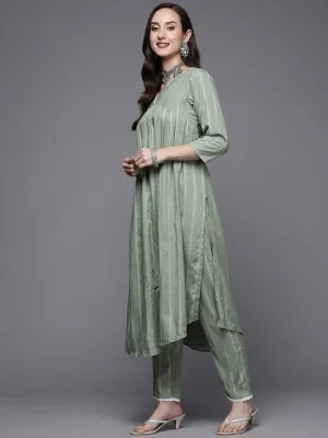 Women Green Striped Pleated Kurta with Trousers