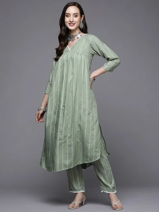 Women Green Striped Pleated Kurta with Trousers