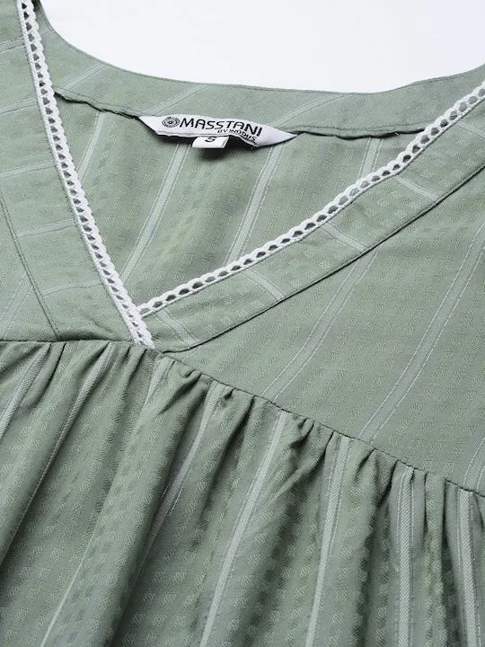 Women Green Striped Pleated Kurta with Trousers