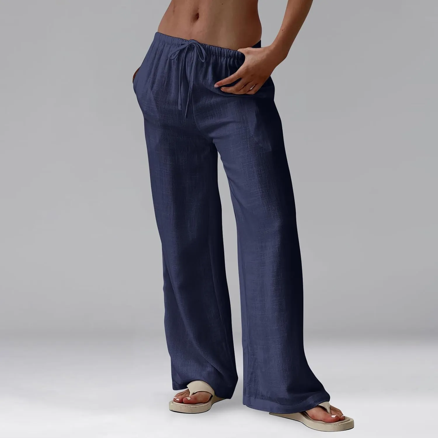 Women Linen Pants Summer Palazzo Pants Drawstring High Waist Trouser Pant Tummy Control Wide Leg Pant with Pockets