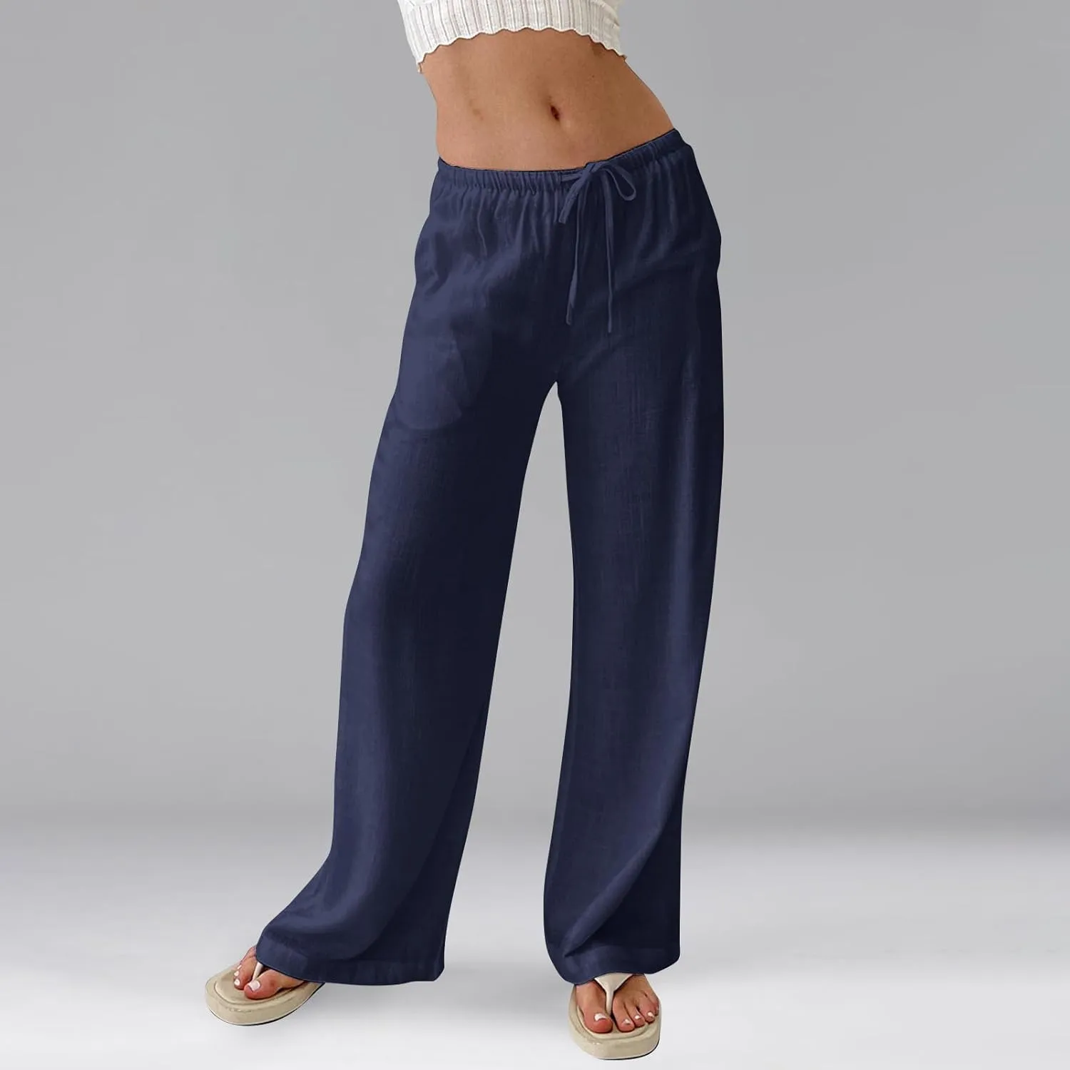 Women Linen Pants Summer Palazzo Pants Drawstring High Waist Trouser Pant Tummy Control Wide Leg Pant with Pockets