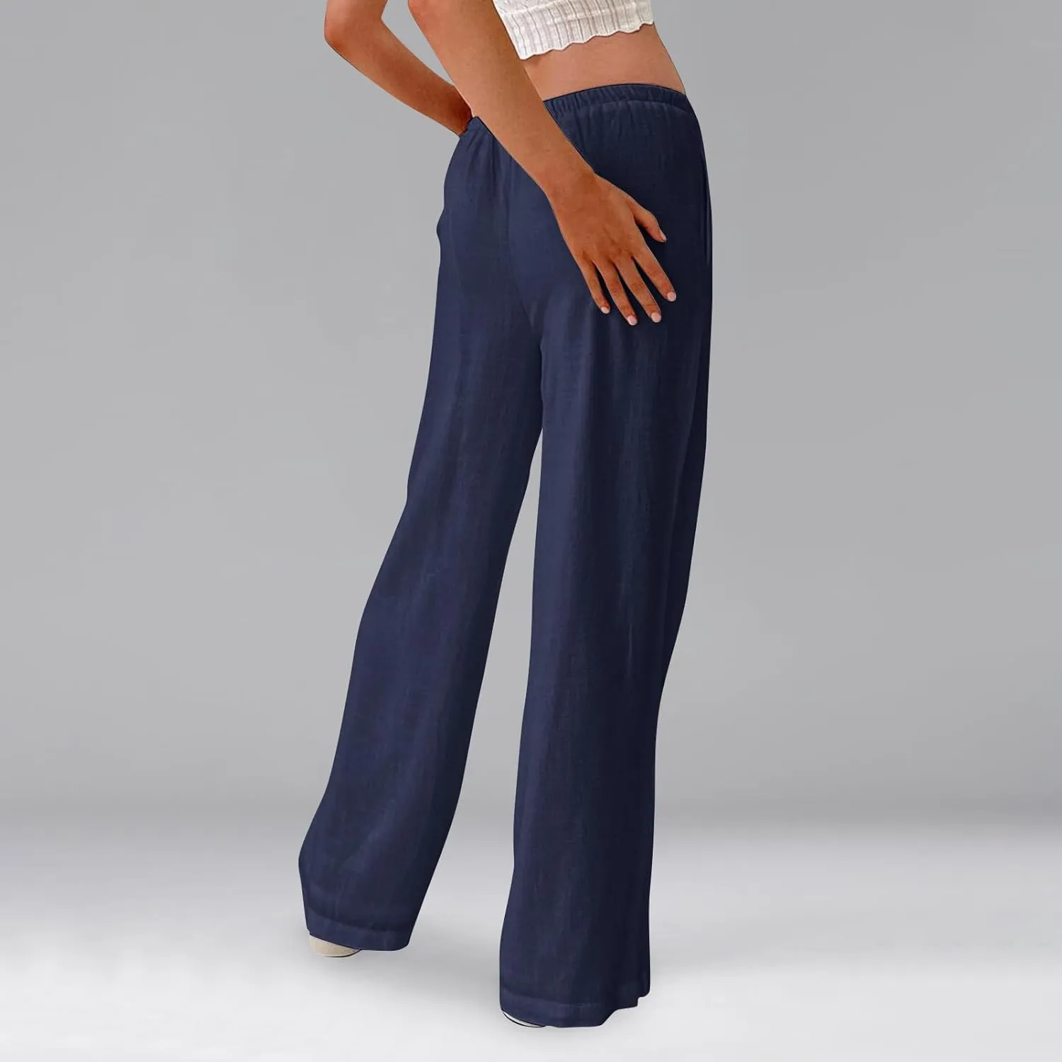 Women Linen Pants Summer Palazzo Pants Drawstring High Waist Trouser Pant Tummy Control Wide Leg Pant with Pockets