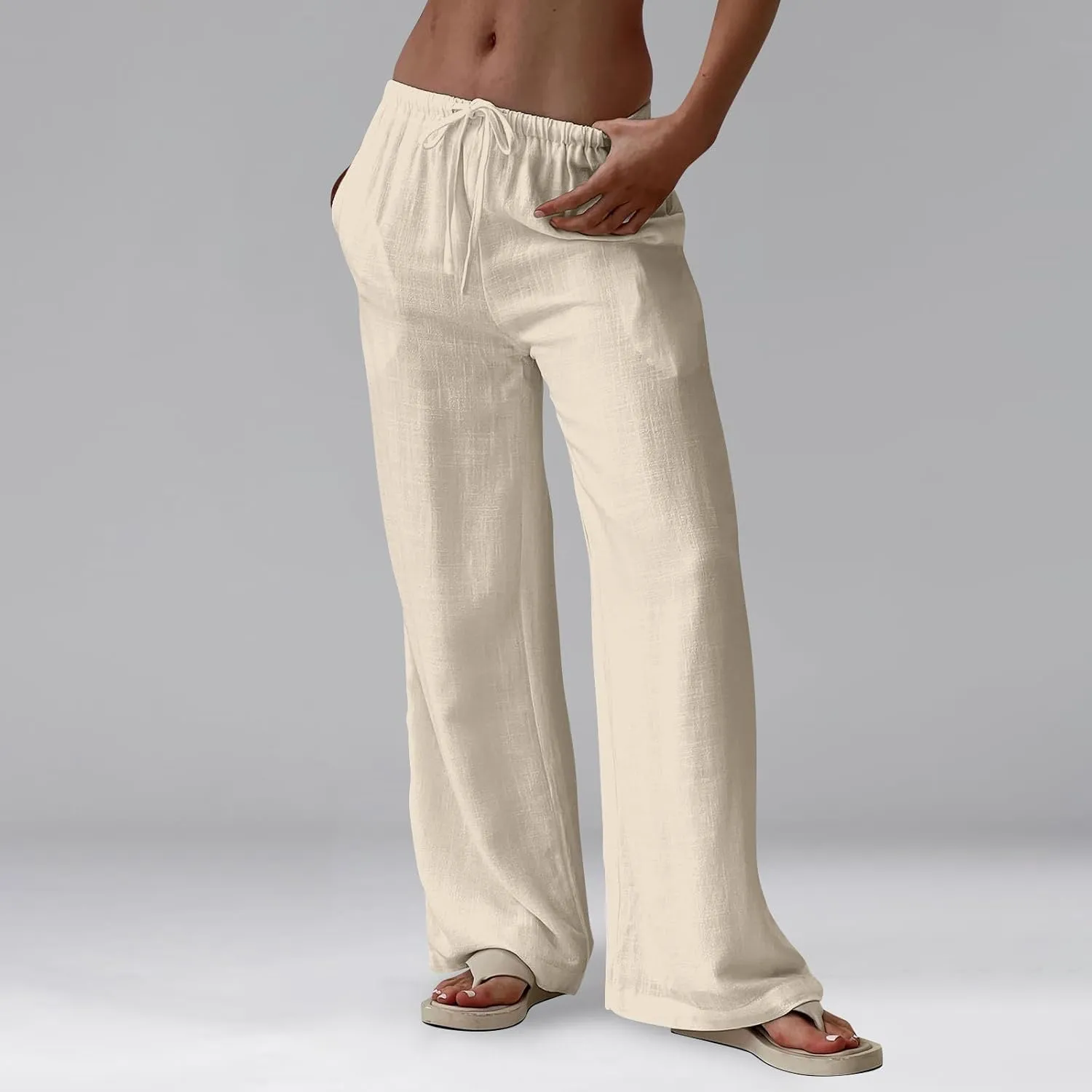 Women Linen Pants Summer Palazzo Pants Drawstring High Waist Trouser Pant Tummy Control Wide Leg Pant with Pockets