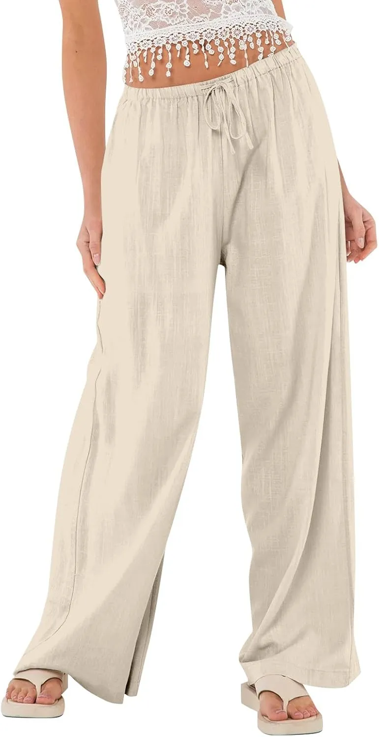 Women Linen Pants Summer Palazzo Pants Drawstring High Waist Trouser Pant Tummy Control Wide Leg Pant with Pockets