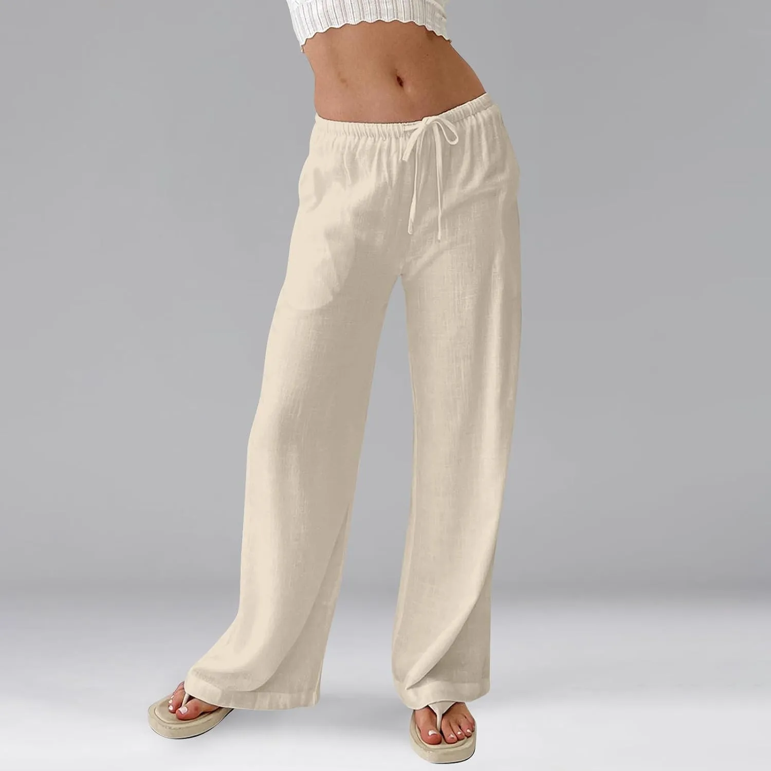 Women Linen Pants Summer Palazzo Pants Drawstring High Waist Trouser Pant Tummy Control Wide Leg Pant with Pockets