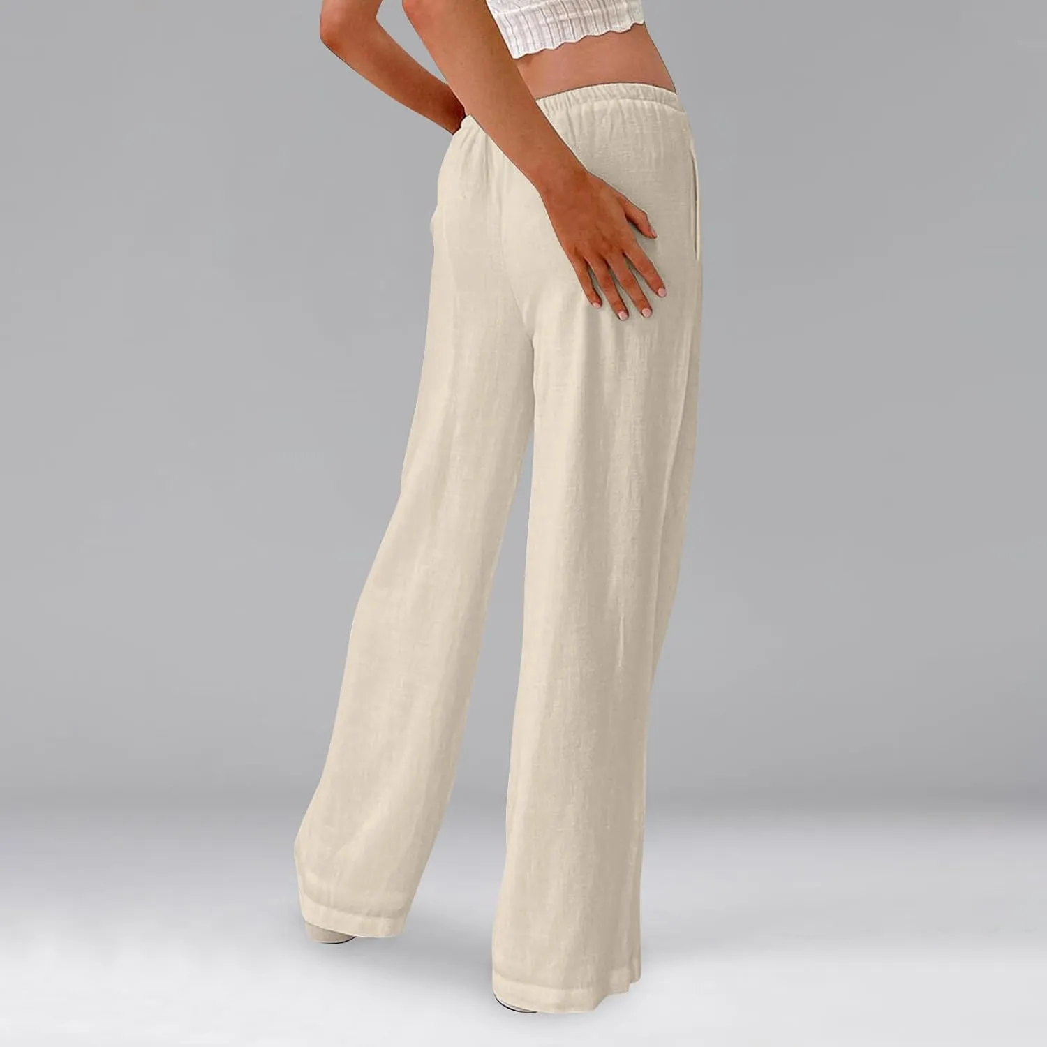 Women Linen Pants Summer Palazzo Pants Drawstring High Waist Trouser Pant Tummy Control Wide Leg Pant with Pockets