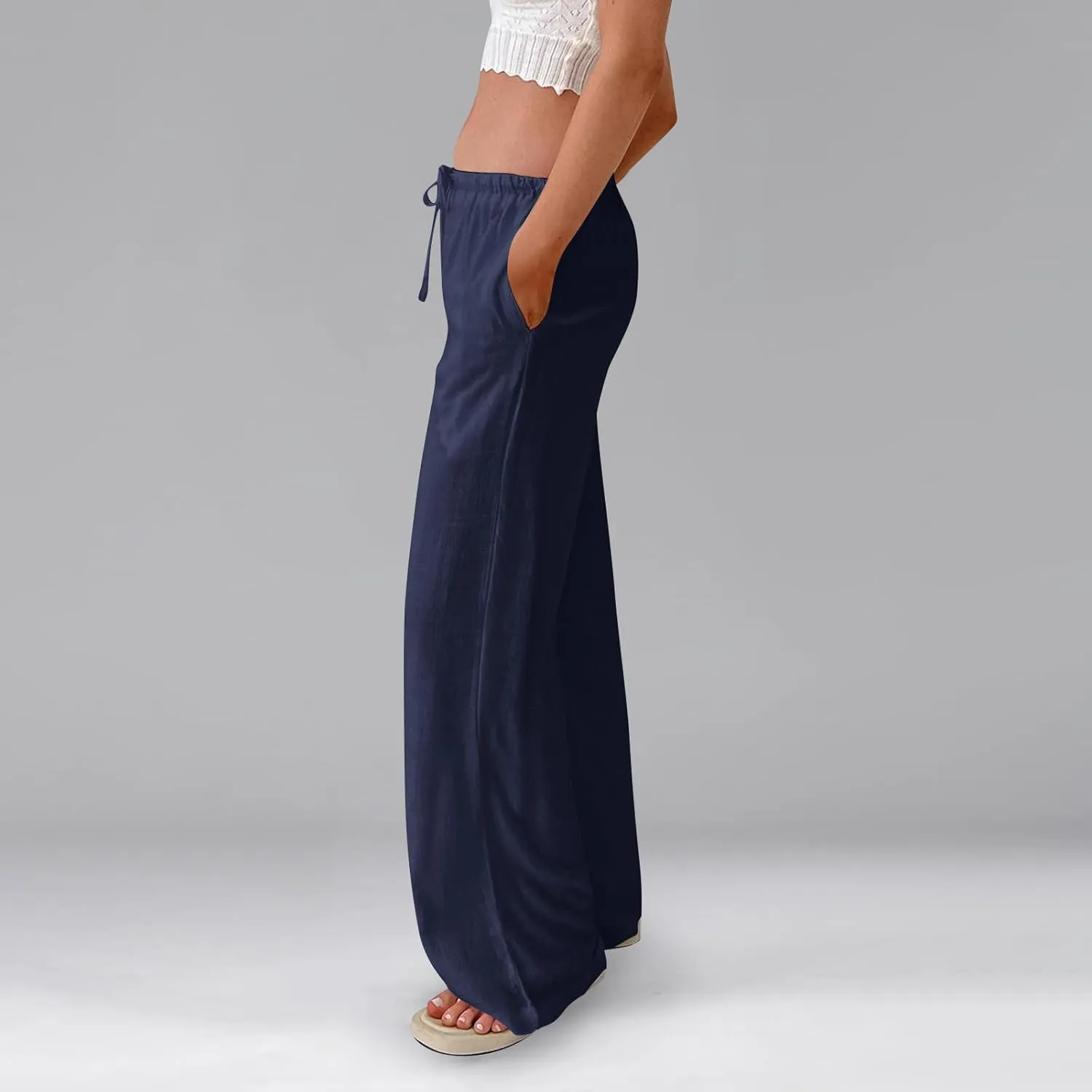 Women Linen Pants Summer Palazzo Pants Drawstring High Waist Trouser Pant Tummy Control Wide Leg Pant with Pockets